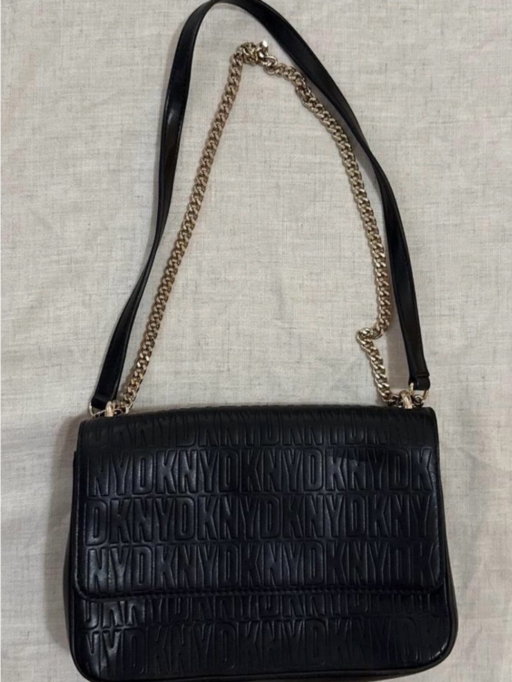 DKNY Black Embossed Leather Shoulder Bag with Gold Chain Strap